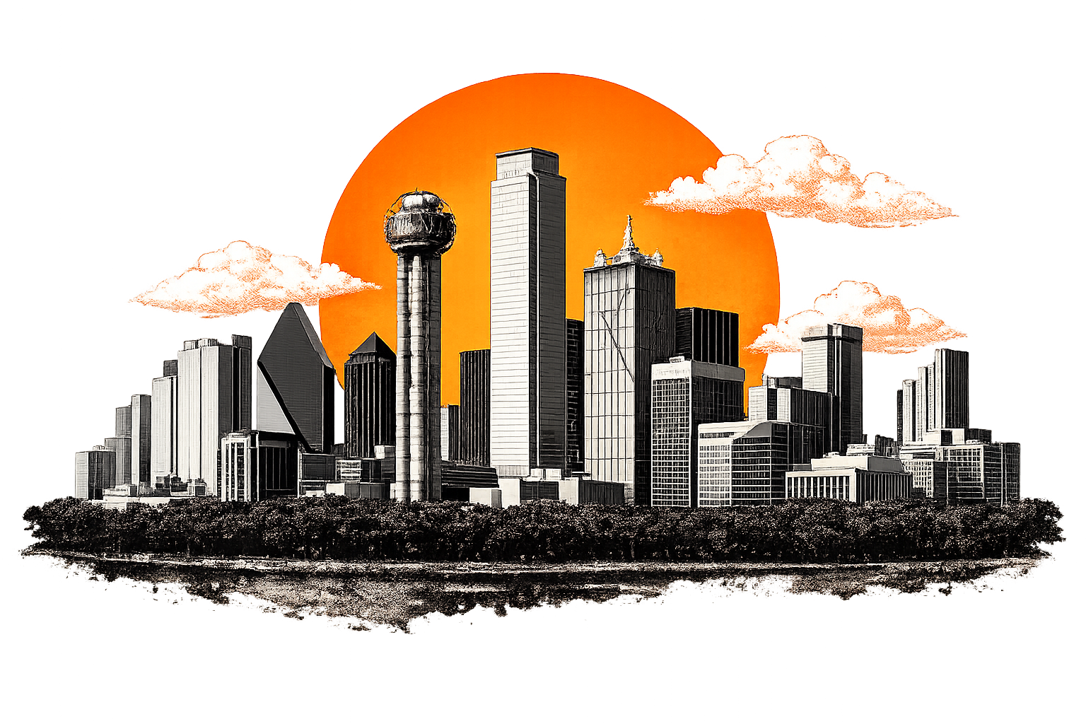 Dallas skyline with a halftone orange sun